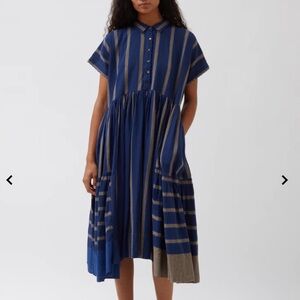 Péro Striped Short Sleeve Cotton Blue Asymmetrical Buttoned Midi Dress